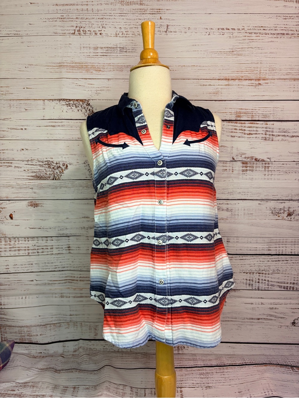 Ariat Sleeveless Striped Button-Front Western Tank Top - Navy & Red
